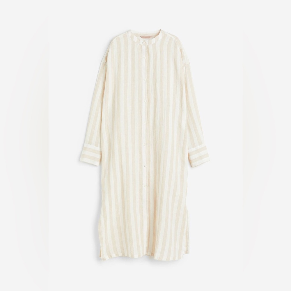 H&M Cream and Beige Striped Long Linen Shirt Dress